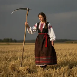 concept art romanian woman with scythe, mowing of the hay, drmatic ligthing, traditional romanian clothes, artdtation beautiful