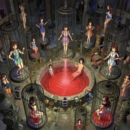 a beautiful, ultra - detailed complex illustration of a dungeon, with girls in cages suspended in the void, in the center a bath with red colored water, by wu daozi, makoto shinkai, thomas kinkade, presented on artstation hd, background wallpaper anime art 8 k