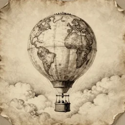 “an old technical sketch on parchment of a hot air balloon between clouds, the balloon fabric is made of a spherical world map of the earth. sepia”