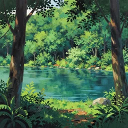 high detail sharp anime gouache background  , forest with lake