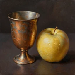 award winning stunning UHD digital airbrush painting of a battered bronze cup next to a golden apple, darker background, trending, masterful