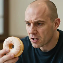 a photo of a balded man arguing at a donut, close up, photorealistic