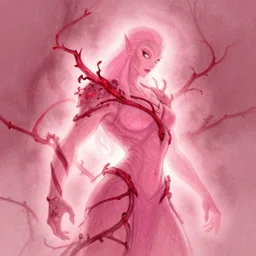 pink on red dead vines and human hybrid, sketch illustration, soft glow, disney concept art, backlit, intricate, indie studio, fantasy, rim lighting, pastel shades, powerful, emotional, powerful, epic composition, noise, texture,