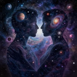 A psychedelic silhouette of a two human bodies embracing one another and staring into each others eyes filled with the universe, planets, stars and galaxies in the style of Alex Grey