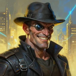 an intimate portrait of a gnarly human cyberpunk captain, old skin, faded fedora, charming, strong leader, metal eye piece, a look of cunning, big smile, detailed matte fantasy painting, golden cityscape, lasers, sparks, yellow and blue and cyan, unreal engine