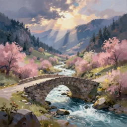Peace valley landscape wonderland road stone brige river fall pastel beauty Digital painting artstation by Krzysztof Maziarz  art by WLOP and Artgerm