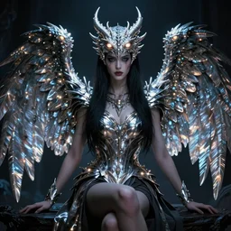 sitting portrait of sidious beauty queen, girl with wings, metallic glowing wings with endless dragon eyes, sick decaying glowing shade of lights, photo pic by realistic darkness 35mm H 576