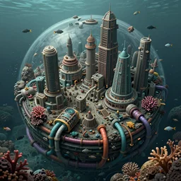 undersea city in the ocean, fish, coral, rocks, coloured pipes, smooth, round, detailed illustration, concept art, muted colour palette, highly detailed, high contrast, strong lighting