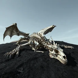 dead giant dragon skeleton laying on black hill, daytime, clear sky, photo realistic, ultra detailed, unreal engine, middle earth, final fantasy, dark souls, elden ring
