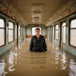 Almost completely flooded metro wagon. Photo from inside the wagon, in the center of the frame stands one calm man up to his chest in water and looks at the camera. Warm lighting, old color photo, USSR, extremely detailed, 8k