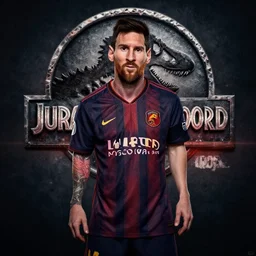 cinematic still of Lionel Messi in Juassic World (2015), XF IQ4, f/1.4, ISO 200, 1/160s, 8K, RAW, dramatic lighting, symmetrical balance, in-frame