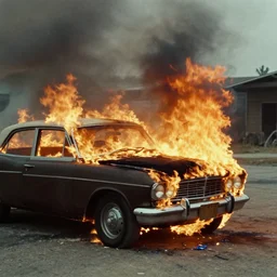 car on fire, vintage movie still