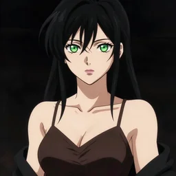 woman with green eyes, wearing a camisole, black and brown colors, in the style of greg rutkowski, high quality anime artstyle, intricate