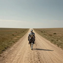 hyper realistic lonely knight walking on a long dirt road, wide angle, illustrated by greg rutkowski, beautiful volumetric lighting, intricate, ultra detailed, photorealistic, trending on artstation, octane render, 8 k