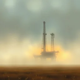 on a foggy morning, stormy misty huge oil platform on the prairie, by john singer sargent, - w 1 0 2 4