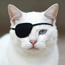Cat with an eye patch, cat wearing eye patch, White cat, cat photography, upclose, eye patch, one eye, 8k
