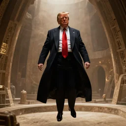 cinematic movie photograph, donald trump as baron harkonnen, floating inside of house harkonnen