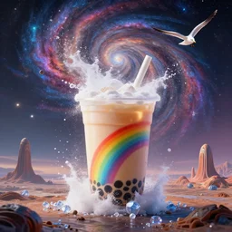 ((Behold - rainbow boba)), And the flung spray and the blown spume and the seagulls crying!!!!, An Odyssey Beyond Reality, cinematic, hyper realism, high detail, octane render, unreal engine, 8k, vibrant color, from the spirals of galaxies to the hexagonal shapes of snow crystals!!, a desolate alien world full of rich colors!!!, unique architecture!, by andrea chiampo and chet zar