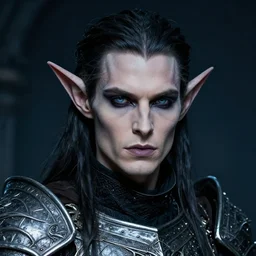 head and shoulders portrait of an eldritch knight, drow, dark elf, shadar kai, male, breastplate, magical, high fantasy, d & d, by annie liebovitz, face details, extremely detailed, vogue fashion photo
