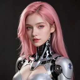 « a realistic android female sexy, beautiful face, pink hair, middle length hair, half cyborg »