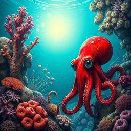 underwater landscape with several corals, plants and red octopi with big eyes, realism
