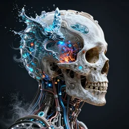 3 d scifi skull with wires profile portrait, sigma 5 0 0 mm f / 5. beautiful intricate highly detailed quetzalcoatl skull. bioluminescent, plasma, lava, ice, water, wind, creature, cyberpunk, artwork by tooth wu and wlop and beeple and greg rutkowski, 8 k trending on artstation
