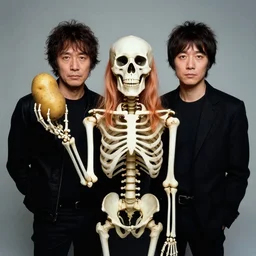 ultrawide angle colour portrait masterpiece photography of a skeleton holding a potato by annie leibovitz michael cheval miho hirano moebius josh kirb
