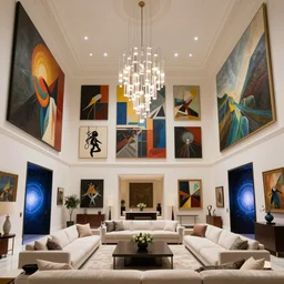 giant mansion living room that is 100 feet tall, with giant walls filled with modern art paintings, doors that are cosmic portals, photo by Annie Leibovitz