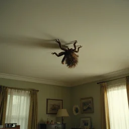 a strange creature crawls on the living room ceiling, film still from the movie directed by Denis Villeneuve with art direction by Zdzisław Beksiński, wide lens