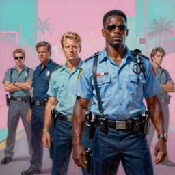 an oil painting of crockett and tubbs, miami vice, ultra realistic, highly detailed, brushstrokes, masterpiece, cinematic by frank frazetta, greg rutkowski, beeple, yoko taro, christian macnevin, beeple, wlop, krenz cushart, epic fantasy character art, volumetric lighting, cgsociety, pink and teal