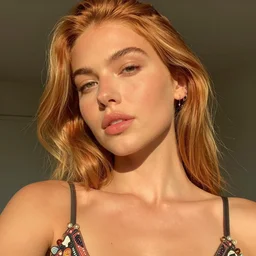 olive skinned female model in her twenties with strawberryblonde hair, wearing a designer top, looking content, focused on her neck, photo realistic, extreme detail skin, natural beauty, no filter, slr, golden hour, 4 k, high definition, selfie