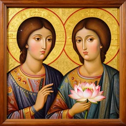 portrait of 2 different asian looking girls, close up, one look away, one is holding lotus flower, in iconography style, theophanes the greek, glitter, chinese ornament dress, wooden frame, bright colors