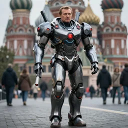 boris yeltsin in mecha cyber suit with guns, energetic look on his face, futuristic, walking on moscow streets, cinematography by trent opaloch, deep depth field, masterpiece, featured on vimeo, featured on pixiv, cinematic composition, hyper - detailed, hd, hdr, 4 k, 8 k