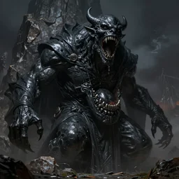 high fantasy 1 9 8 0's wargame airbrushed artwork - inspired octane render, a giant massive black latex open mouth set into a rocky cliff, a giant demonic creature wearing black cult robes
