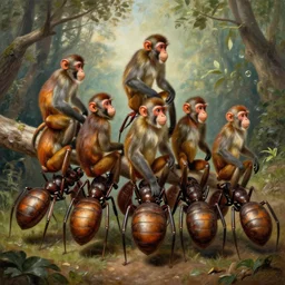 7 monkeys riding giant biomechanics ants, by most renowned artist of the romanticism, hiperrealism,
