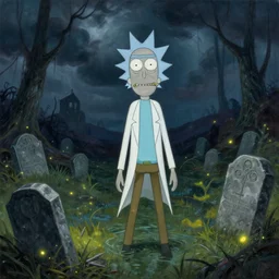 fantasy oil painting, rick and morty, crypt in a swamp, gravestones, night, dnd, spooky, stormclouds, fireflies, highly detailed, by jeff easley and larry elmore and tim hildebrandt, 4 k, 5 0 mm, unreal engine