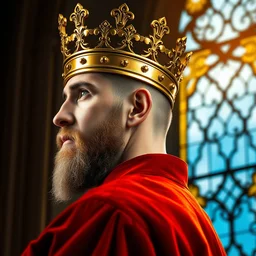 side - view portrait of a stern king, golden crown, buzzcut, stubble, red coat, gothic stained glass window, blue sky background, very masterful, royal, backlit
