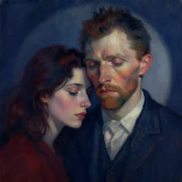 portrait of a sad man and a dark haired woman round face, intimate, eyes closed, faded shades of dark blue and red, pretty face, sharp eyes, rule of thirds, delicate suit, spotlight, by jeremy mann, by francoise nielly, by van gogh, digital painting