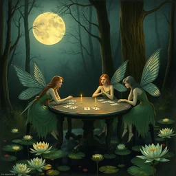 a group of gracious fairies playing cards on a table in an atmospheric moonlit forest next to a beautiful pond filled with water lilies, artwork by ida rentoul outhwaite,
