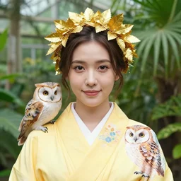 symmetry!. portrait photograph of an extremely beautiful!!!! young female, symmetric face!. round detailed eyes!!, slight smile. shallow depth of field!!!. natural light. 8 5 mm f 1. 8. wearing a yellow!!!!!! kimono!! with a very detailed barn owl! on her shoulder in a tropical greenhouse. looking at the camera!!. golden crown!! made of golden leaves on her head. super resolution. extremely detailed face.