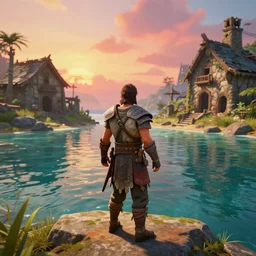 full length portrait of a male warrior exploring a mysterious abandoned village near a coastline with clear water, rendered in bryce 3 d, 3 d video game, prerendered cgi, ray - tracing, water ripples, sunset, vibrant color, mysterious atmosphere, depth of field, cinematic lighting, focused, rule of thirds, trending on artstation