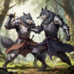 a werewolf fighting a knight in anime style