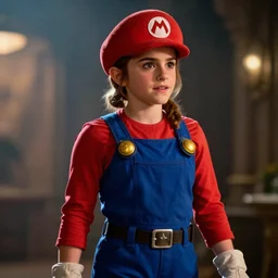 emma watson as super mario super mario in the witcher 3, movie still, cinematic lighting, dramatic, octane render, long lens, shallow depth of field, bokeh, anamorphic lens flare, 8 k, hyper detailed, 3 5 mm film grain