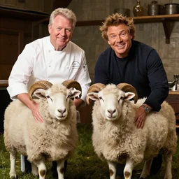 chef gordon!! ramsay!! as a ram sheep with horns! and wool