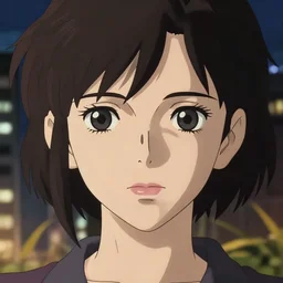 a anime portrait of a woman, finely detailed features, closeup at the face, sharp focus, aesthetically pleasing art, night time city background, cinematic lighting, highly detailed, intricate, smooth, anime!! artstation, trending on pixiv fanbox, painted by greg rutkowski and studio ghibli and yoji shinkawa and hayao miyazaki,