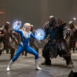 wide angle movie stills of gugu mbatha - raw dressed as sue storm in her blue spandex fantastic four costume using her iridescent particles force field powers while battling doctor doom, and an army of shapeshifter lizard like humanoids called the skrulls