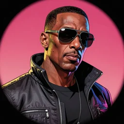 hyper detailed comic illustration of a cyberpunk Wesley Snipes  wearing a futuristic sunglasses and a gorpcore jacket, markings on his face, by Android Jones intricate details, vibrant, solid background, low angle fish eye lens