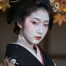 Geisha extreme closeup photo portrait, beautiful pale makeup, pearlescent skin, elegant pose, very detailed, highly detailed kimono, photorealism, artstation, different point of view, sharp focus, photorealistic, soft diffuse autumn lights, some sunlight ray, dark room wall, canon 5D 50 mm lens, zen natural background, def of field