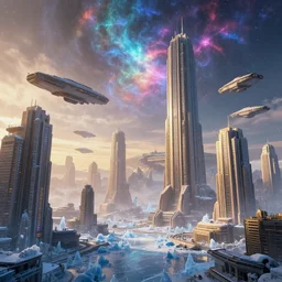 The futuristic sci-fi city has tall brutalist architecture buildings, some giant spaceships are flying over the city, the background has a detailed heavenly and iridescent light from nebulas, the weather there is too cold that ice is everywhere, panoramic view, cyberpunk, vaporwave, matte painting, concept art, dramatic lighting, golden hour, 4k, 8k, trending on Artstation, realistic