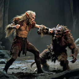 a still from Labyrinth (1986) of Jareth intensely punching a goblin to death